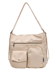Versatile beige nylon multi-pocket tote bag with adjustable shoulder strap for women