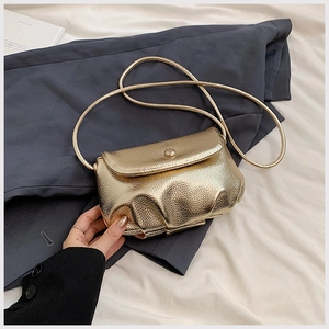 Detail of golden cloud bag showing pleated lychee texture and metallic magnetic clasp