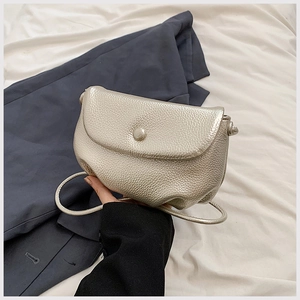Macro detail of champagne gold mini cloud bag with pebble texture and magnetic snap closure