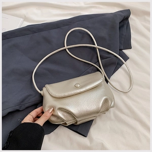 Detail of champagne gold metallic textured mini crossbody bag with litchi grain finish