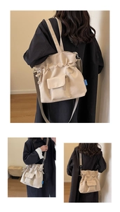 Detailed views of beige canvas tote bag showing drawstring closure and crossbody strap