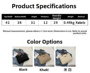 Detailed size chart for the large canvas tote bag with specific dimensions and weights