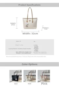 Detailed dimension chart and multi-color selection of the embossed tote bag with doll charm
