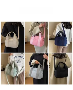 Six different colors of simple canvas tote bags shown on models for daily use