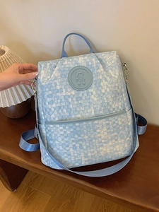 Sac à Dos de Mode en Tissu Tissé PU Grande Capacité Motif à Damiers Décor d'Ours Sac d'École de Voyage pour Femmes Étudiants