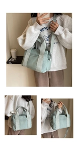 Three-way view of light green canvas tote bag featuring adjustable strap and multi-pockets