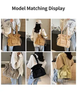 Collage of multi-color corduroy tote bags shown with drawstring and front flap pocket