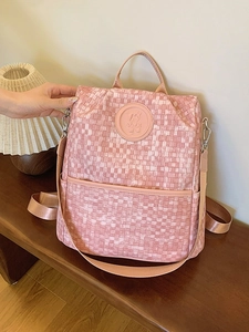 Sac à dos rose à damier tissé avec motif ours, grand sac élégant pour femmes de mode