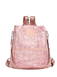 Sac à dos rose tissé avec logo ours mignon et bretelles réglables pour le quotidien