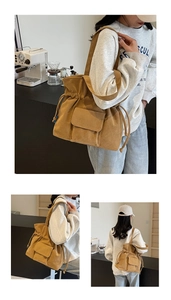 Detail of tan corduroy tote bag showing thick ribbed texture and drawstring closure