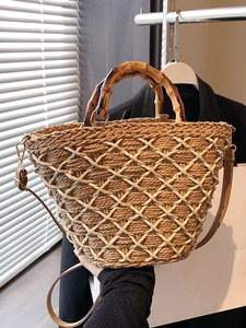 Straw hand-woven tote bag with classic bamboo handle and adjustable shoulder strap