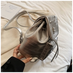 Detail of silver metallic backpack with butterfly clasp and fine leather texture