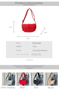 Canvas crescent bag dimensions 27x17x12cm with adjustable strap and four colors