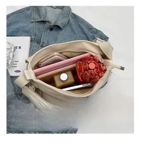 Internal layout of large canvas shoulder bag showing tablet, wallet and accessories