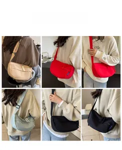 Collage of four minimalist canvas crossbody bags in beige, red, blue, and black colors