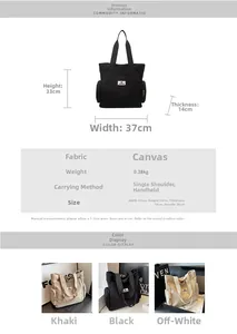 Detailed dimension guide for large canvas tote bag showing size and capacity data