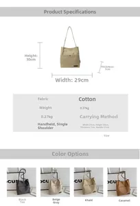 Detailed size chart and multi-color options for a stylish canvas bucket shoulder bag