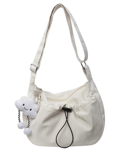 Minimalist beige crossbody bag with pleated texture and cute white cloud pendant
