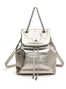 Silver metallic backpack with butterfly clasp and chain handle on white background
