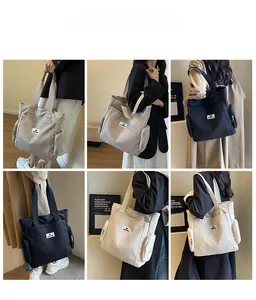 Collage of large capacity canvas tote bags in black, beige and cream on a model