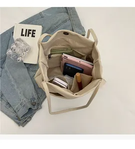 Top view of spacious canvas tote interior showing organizers for tablets and gadgets