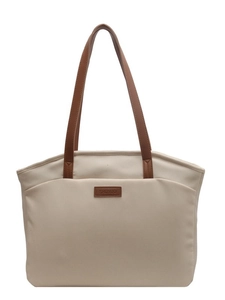 Minimalist cream tote bag with brown straps and logo for daily commute and leisure