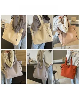 Collage of colorful nylon tote bags showing side drawstring detail and large capacity
