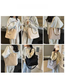 Multi-angle view of large nylon tote bags in beige, black and gray for daily commuting