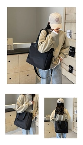 Detailed views of a black large capacity tote bag shown in various carrying styles