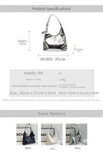Detailed size chart for the large silver tote bag showing 35x31x9cm dimensions