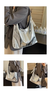 Detailed views of a metallic silver hobo bag with trendy natural pleats and wide strap