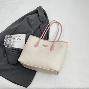 Large capacity cream tote bag with pink straps and embossed cartoon patterns