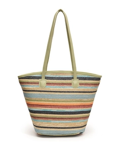Summer striped straw tote bag with colorful stripes and green leather straps for women