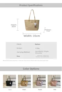 Spécifications détaillées du sac fourre-tout en paille avec dimensions et anse de 23cm