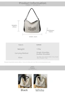 Size chart showing large canvas tote dimensions 38x29x12cm with weight and fabric details