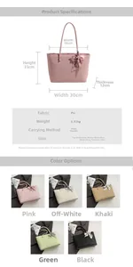 Detailed size chart and multi-color selection of large woven tote bags with floral ribbons