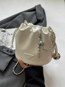 Women Fashion PU Leather Drawstring Bucket Bag High End Minimalist Chain Strap Crossbody Bag With Metal Ball Pendant