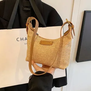 Sac à Épaule Sous le Bras Tissé Été Femmes Mode Cuir PU Tressé Croissant Hobo Bag Décontracté Sac Bandoulière Dorée