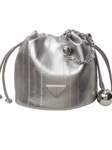 Silver metallic bucket bag with drawstring closure and decorative chain details