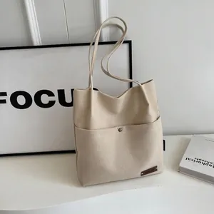 Large Capacity Canvas Bucket Bag For Women Fashion Casual Shoulder Bag With Front Snap Pocket And Magnetic Buckle Solid Color Tote