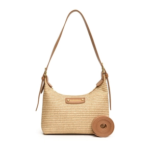 Sac hobo en paille minimaliste avec garniture en cuir marron et bandoulière réglable