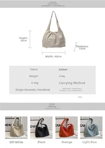 Detaillierte Größentabelle und Mehrfarbenansicht dieser großen Canvas-Tasche mit Kordelzug