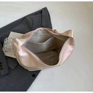 Interior view of peach pink tote bag showing spacious layout and zippered lining pocket