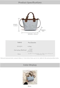 Detail view of denim bucket bag with floral embroidery and specific dimensions and strap info