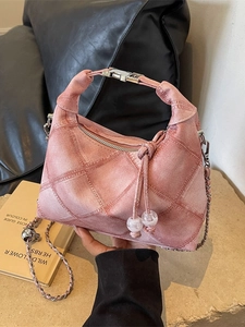 Women Retro Rhombus Quilted PU Leather Hobo Bag Small Crossbody Shoulder Bag With Chain Strap And Ball Charm Handbag