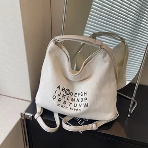 Fashion Women Canvas Tote Bag Large Capacity Shoulder Bag Alphabet Print Herringbone Texture Crossbody Bag Casual Commuter Handbag