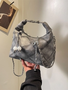 Minimalist grey-blue denim patchwork dumpling bag with chain strap and bead charms