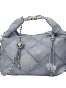 Minimalist light blue denim crossbody bag with quilted pattern and chain strap
