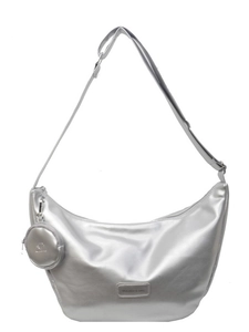 Silver crescent hobo bag with adjustable strap and detachable round coin purse charm