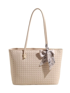 Minimalist beige woven tote bag for women with decorative ink bamboo pattern scarf